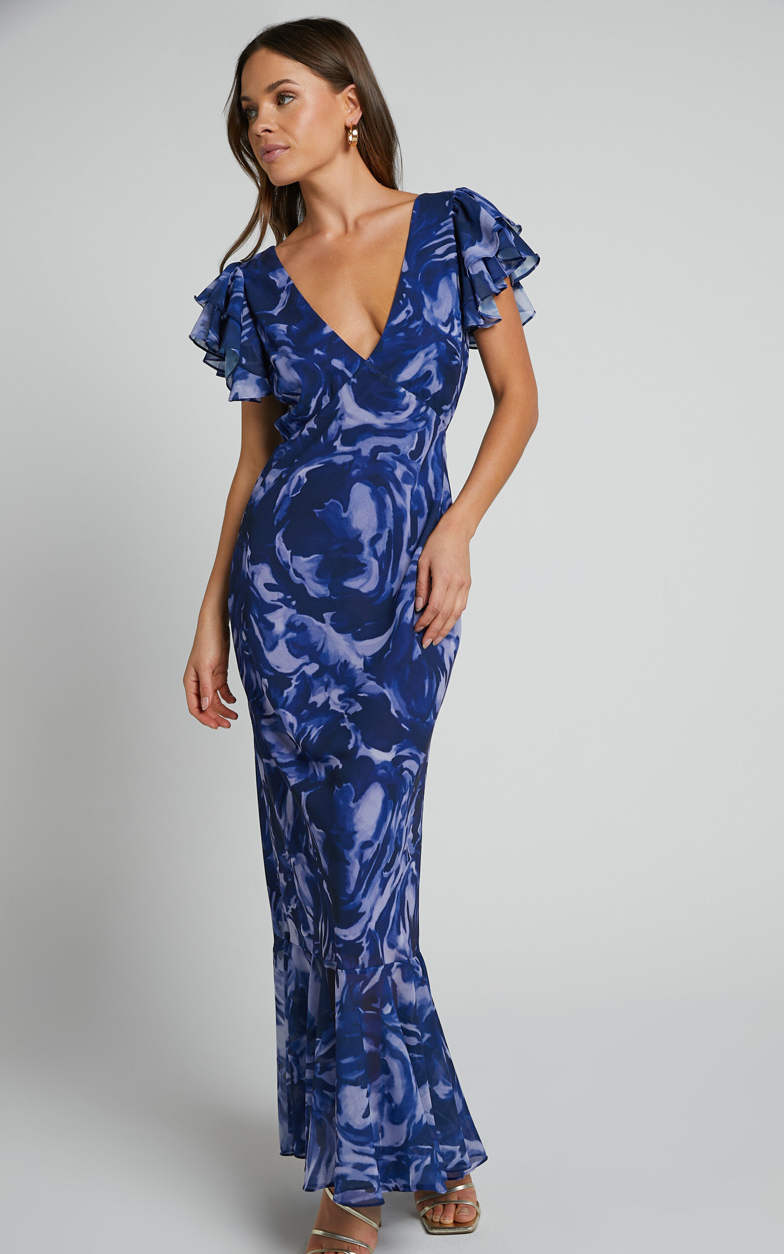 Dylana Midi Dress V Neck Flutter Sleeve Dress in Navy Swirl