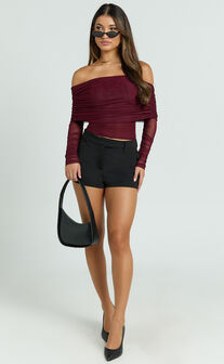 Roza Top - Asymmetric Long Sleeve One Shoulder Top in Wine