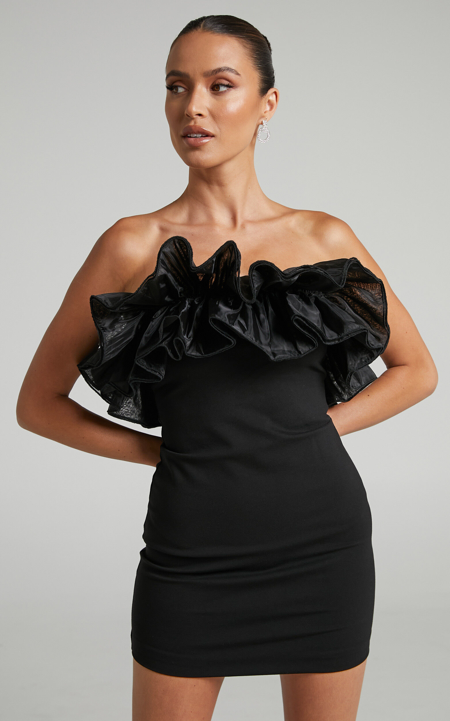 Abella Mini Dress Strapless Ruffle Detail Bodycon Dress in Black