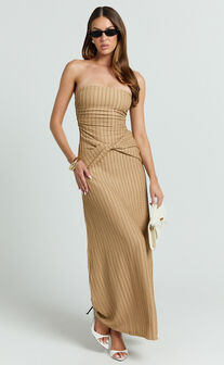 Santiago Maxi Dress - Textured Jersey Strapless Twist Waist Dress in Beige