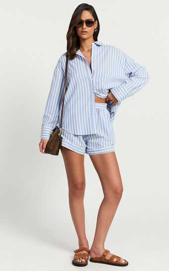 Tori Shorts - High Waist A Line Stripe Shorts in Light Blue Stripe