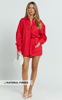 Anziel Top - Oversized Long Sleeve Linen Blend Shirt in Red