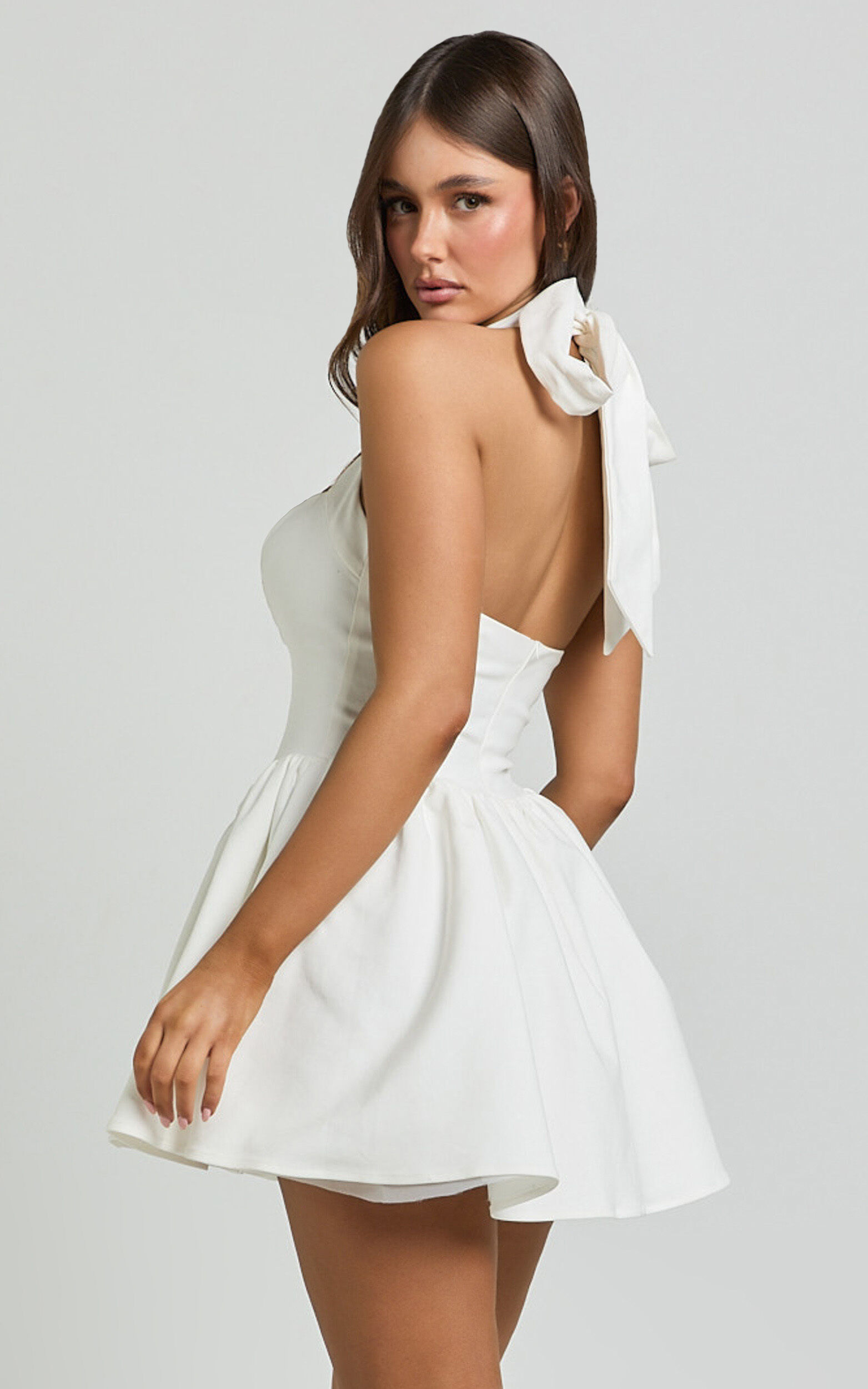 Helda Mini Dress Halter Tie Neck Corset Panel Dress in White Showpo USA