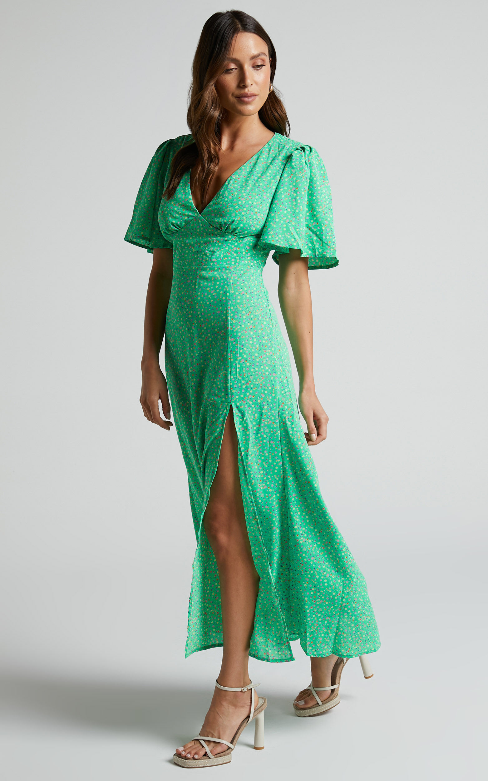 Feliza Midi Dress Plunge Neck Flutter Sleeve Cut Out Back Dress