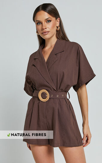 Thaisa Playsuit - Short Sleeve Collared Belted Playsuit in Choc