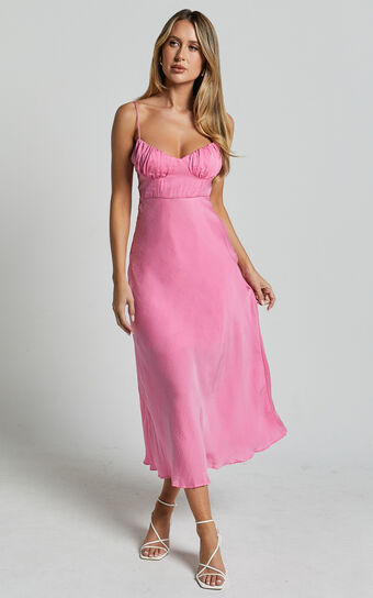 Krysta Midi Dress - Sweetheart Ruched Bust Slip Dress in Pink