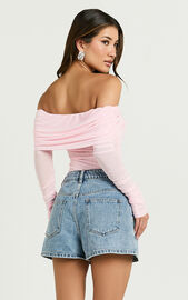 Seraphina Bodysuit - Off Shoulder Long Sleeve Detachable Rosette Mesh ...