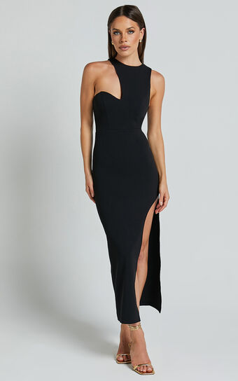 Alexis Midi Dress - Cut Out Detail High Split Dress in Black