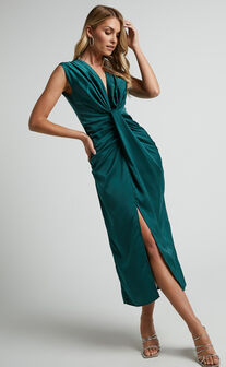 Nolana Midi Dress - Plunge Knot Detail Dress in Emerald Green