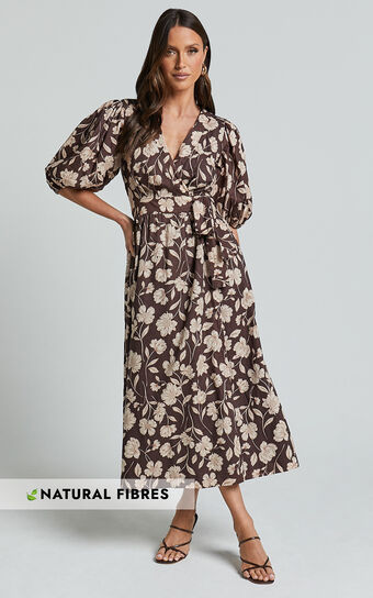 Amalie The Label - Francie Linen Blend Puff Sleeve Wrap Midi Dress in Sahara Print