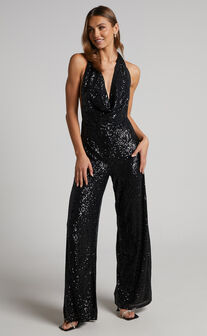 Julien Jumpsuit - Backless Wide Leg Cowl Neck Sequin Jumpsuit in Black