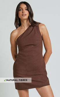 Mardelle Mini Dress - Linen Look One Shoulder Shift Dress in Chocolate