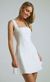 Adiana Mini Dress - Linen Look Square Neck Shirred Back A Line Dress in Off White