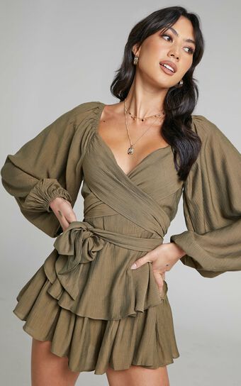 Florice Playsuit - Wrap Front Frill Playsuit in Khaki