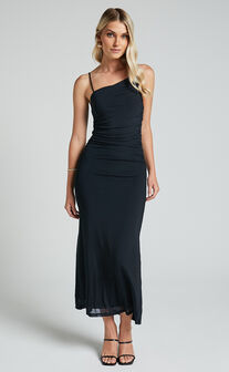 Aimee Midi Dress - Mesh One Shoulder Ruched Dress in Black