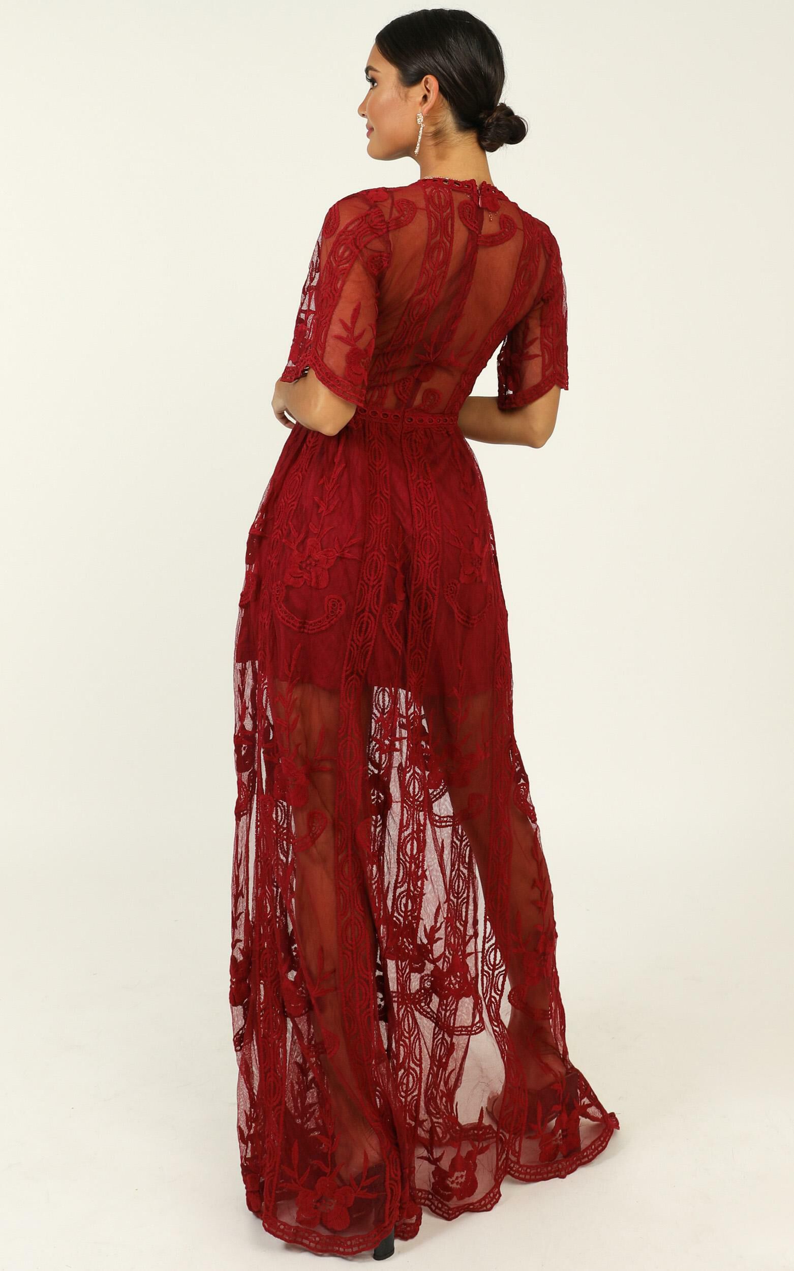Love Spell Maxi Dress In Wine Lace Showpo