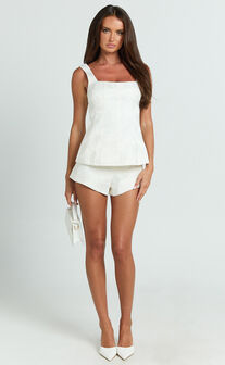 Jacobs Two Piece Set - Square Neck Bow Top and High Waist Mini Short Set in White