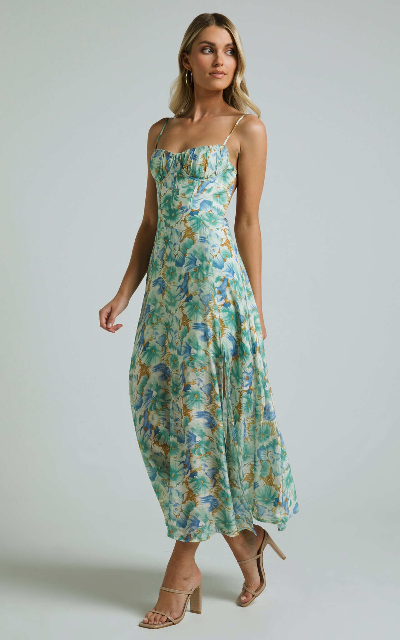 Elenita Midi Dress Cup Bust Sleeveless Slit Dress in Green
