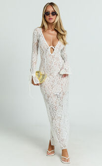 Paula Maxi Dress - Lace V Neck Long Sleeve Column Dress in White