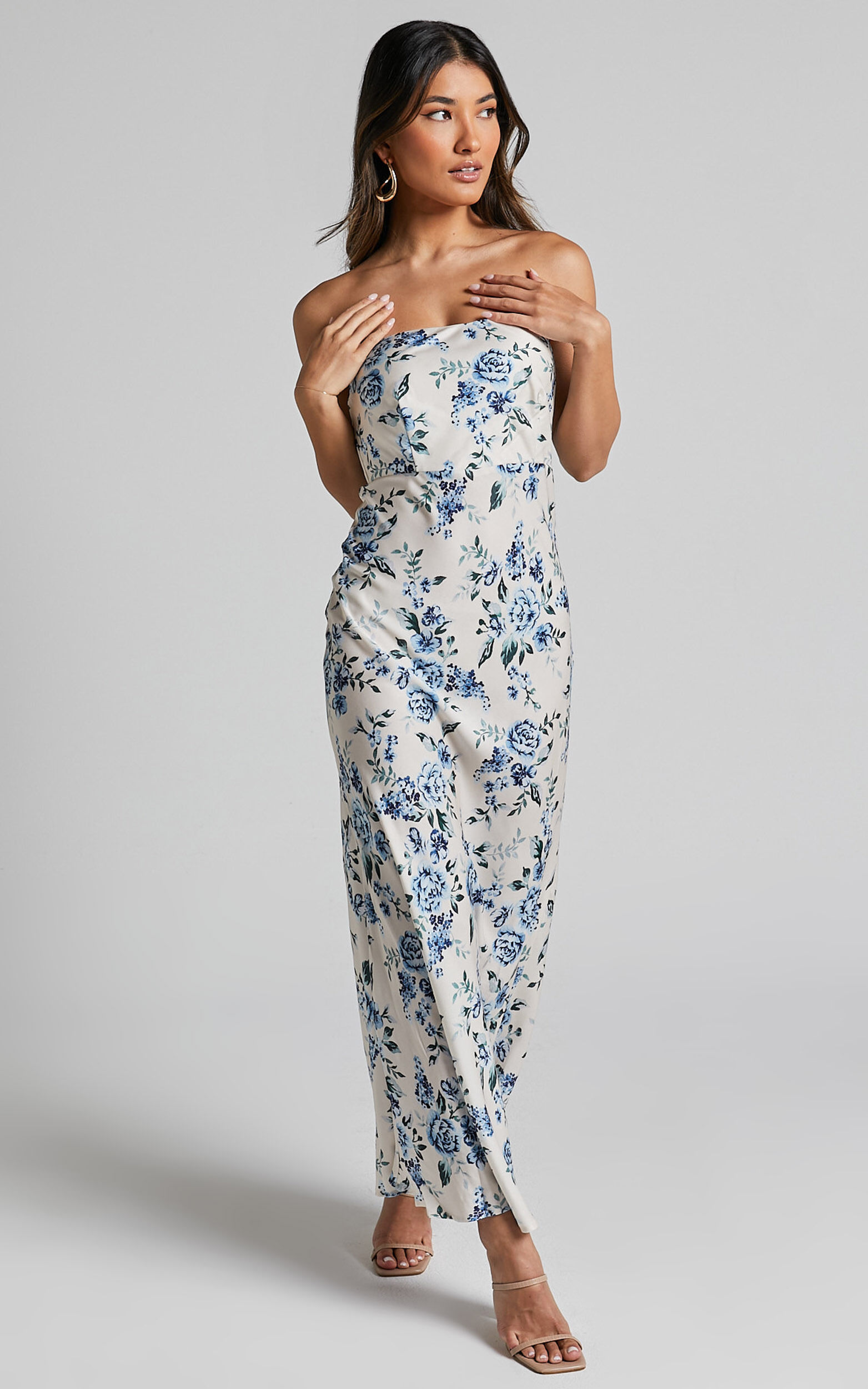 Bellene Maxi Dress - Satin Bias Cut Strapless Slip Dress in White and Blue Floral - 04, WHT1