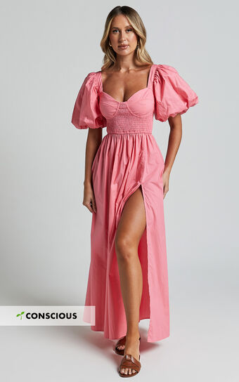 Raiza Midi Dress - Shirred Waist Puff Sleeve Dress in Coral Pink Showpo