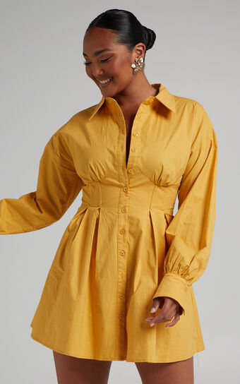 Claudette Mini Dress - Long Sleeve Corset Shirt Dress in Mustard