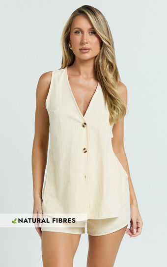 Devon Two Piece Set - Open Side Detail Top & Short Linen Look Set in Butter