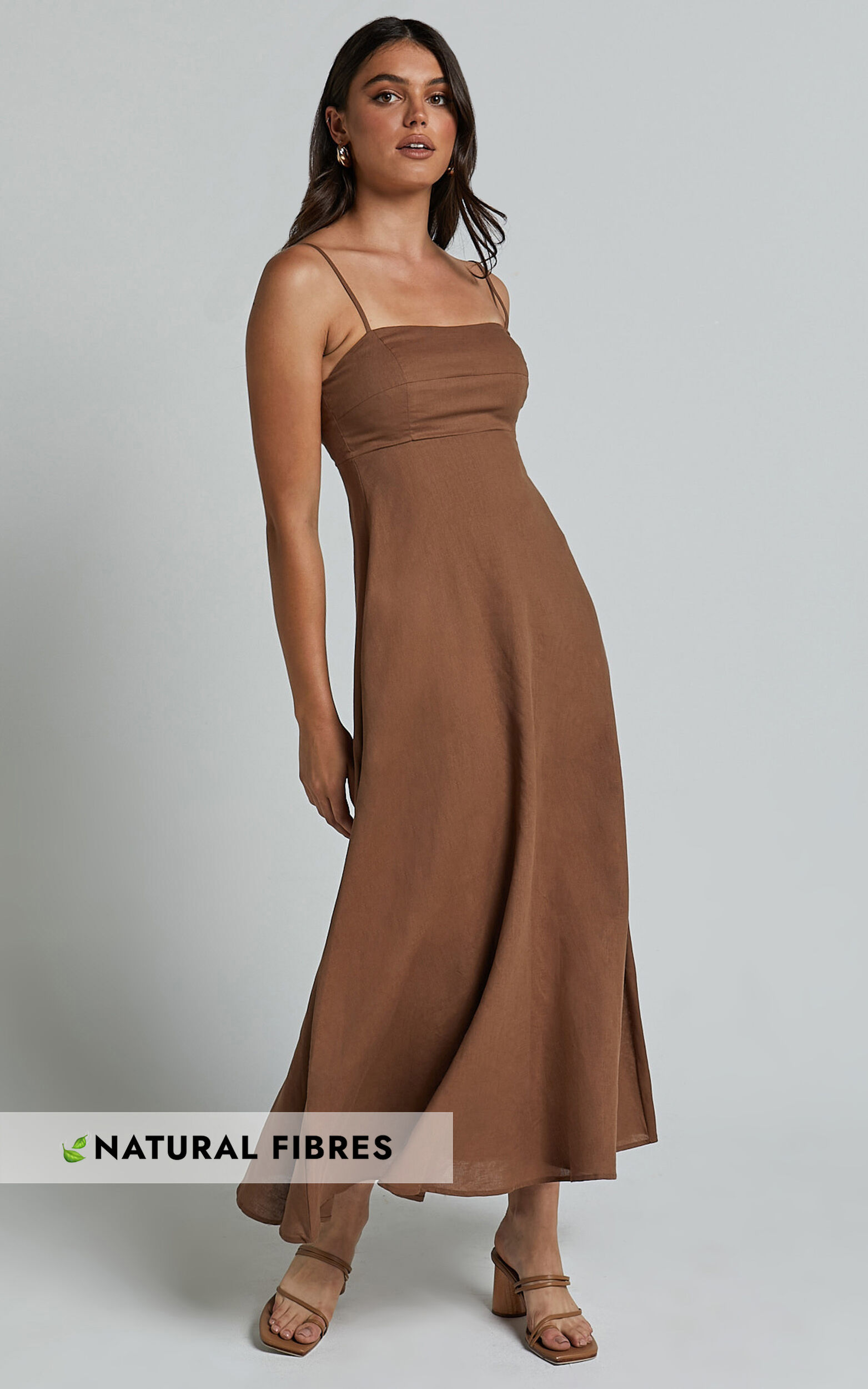 Brette Midi Dress Linen Look Straight Neck Strappy Fit And Flare Dress in Tobacco Showpo USA