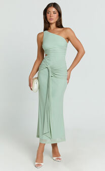 Mandy Midi Dress - Knot Detail Cut Out Mesh Dress in Sage