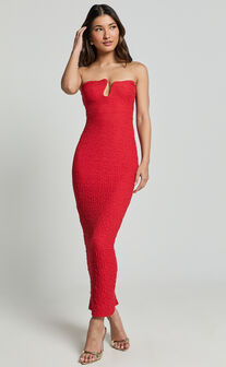 Alberta Maxi Dress- Strapless bust detail textured dress in Red