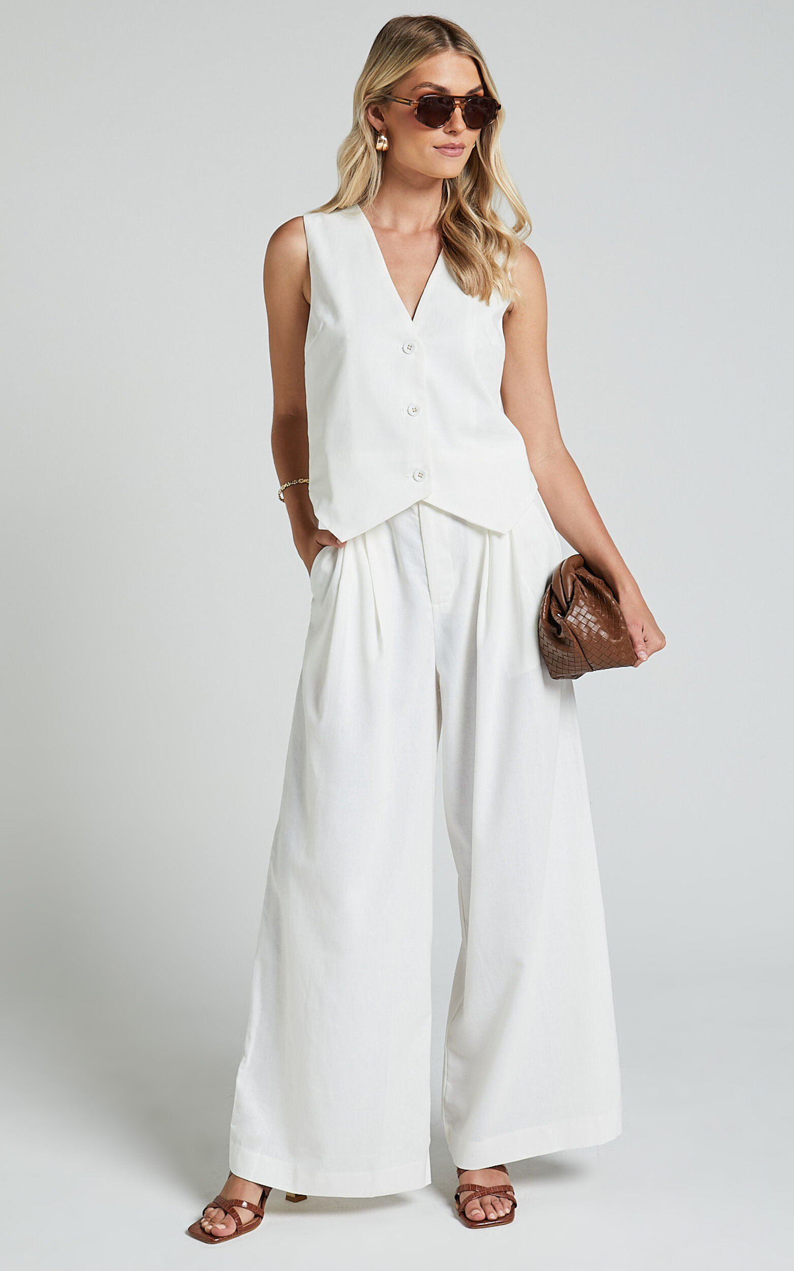 Lyssa Pants - Linen Look High Waisted Front Pleat Wide Leg Pants in Off White - 06, WHT1