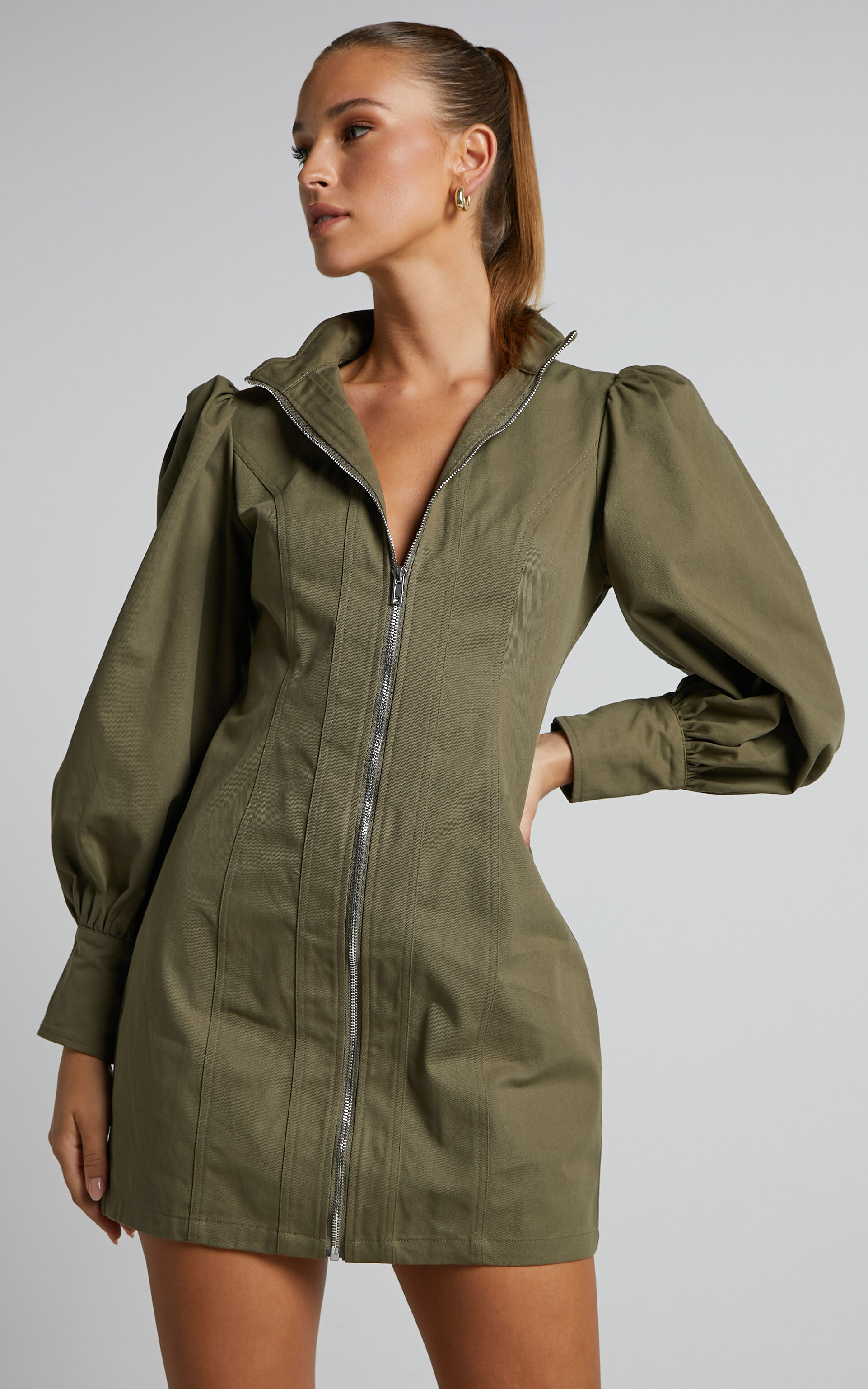 Tallis Mini Dress Sleeve Zip Front Dress in Khaki