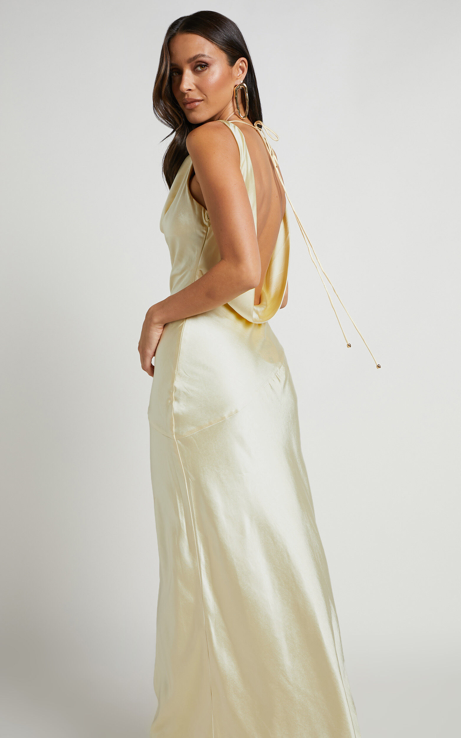 Adilah Maxi Dress Cowl Neck Satin Dress in Butter Yellow Showpo EU