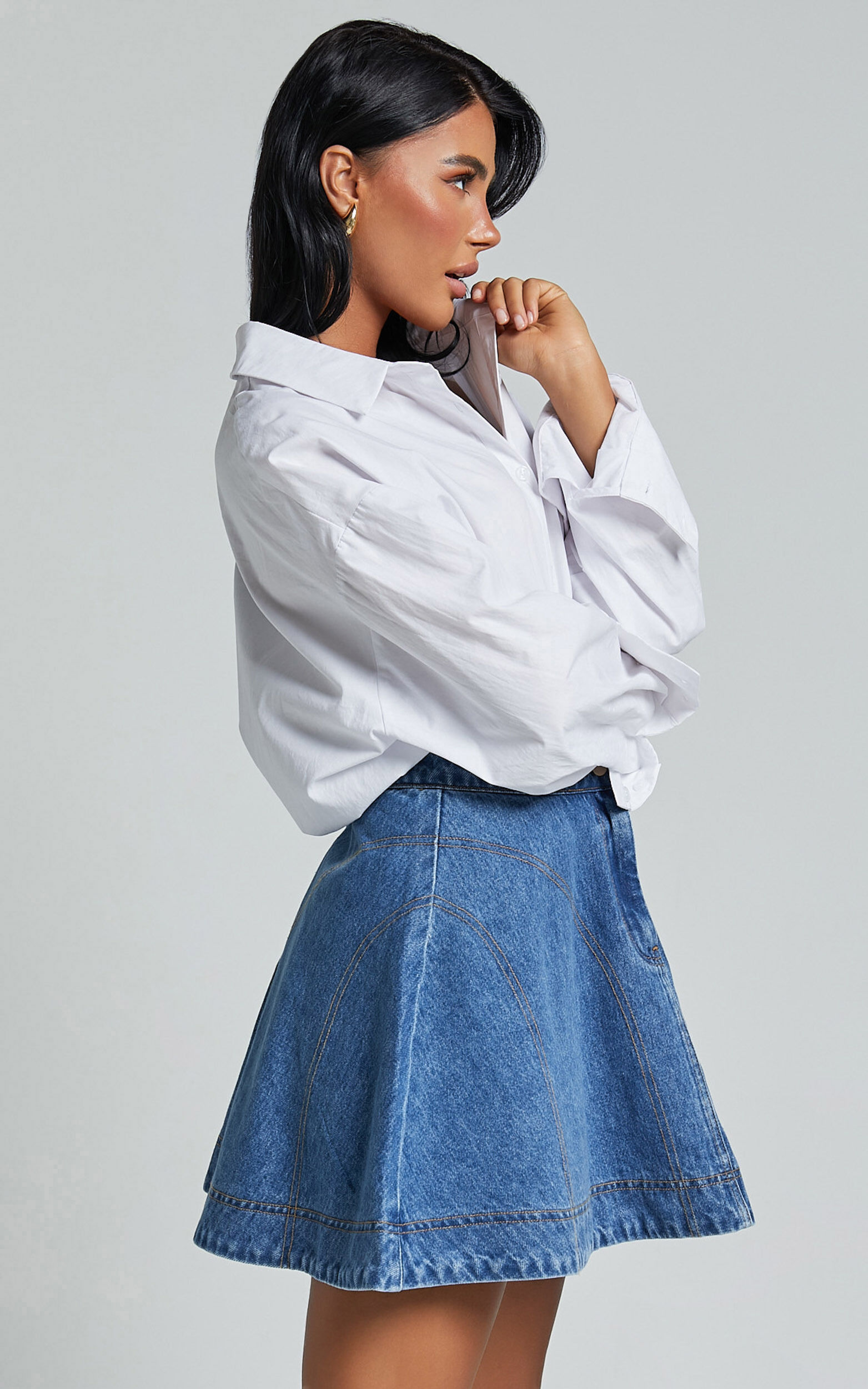High waisted top denim flare skirt
