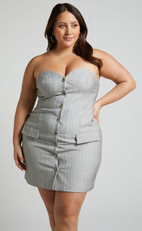Maryanne Mini Dress - Button Down Corset Strapless Dress in Grey Pinstripe