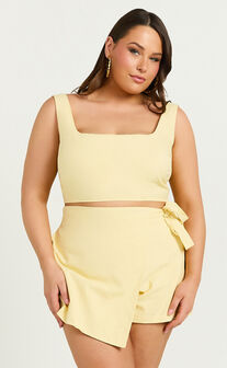 Polina Two Piece Set - Linen Square Neck Crop Top and Tie Waist Skort Set in Lemon