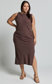 Jessenia Maxi Dress - Linen Look High Neck Dress in Chocolate | Showpo USA
