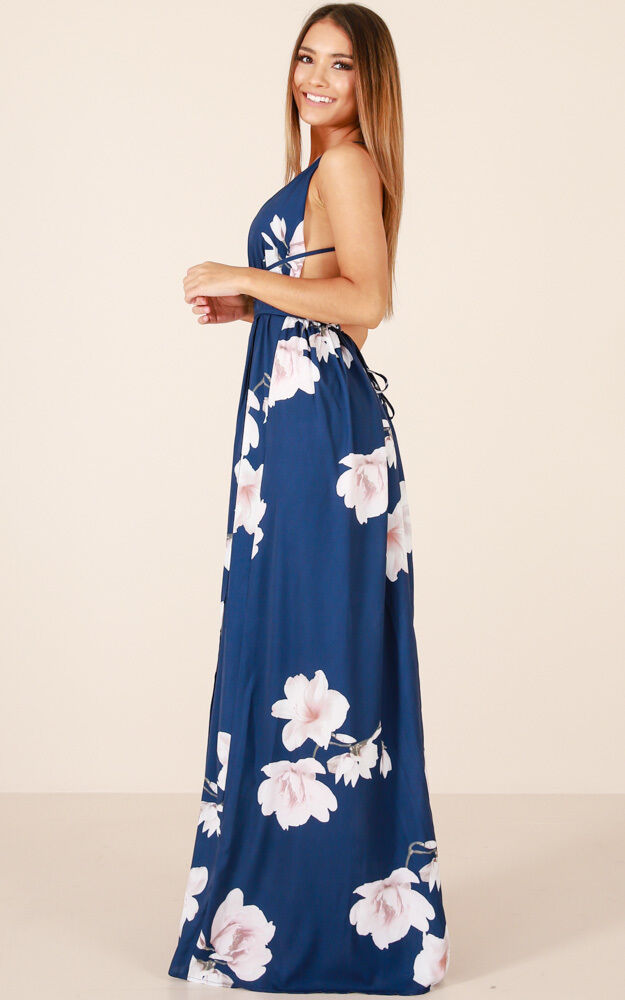 Shine through maxi deals dress in navy floral