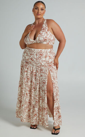 Delima Two Piece Set - Linen Look Cross Back Top and Thigh Split Midi Skirt in Chocolate Paisley