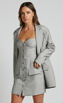 Maryanne Mini Dress - Button Down Corset Strapless Dress in Grey Pinstripe