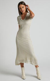 Ghamie Mini Dress - Knit Bodycon Long Sleeve Open Back Dress in Beige