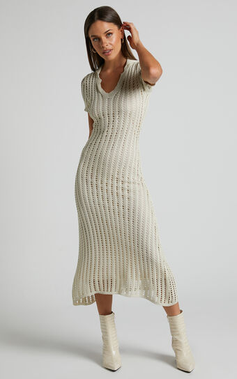 Jolie Midi Dress  Crochet Collared Short Sleeve in Cream No