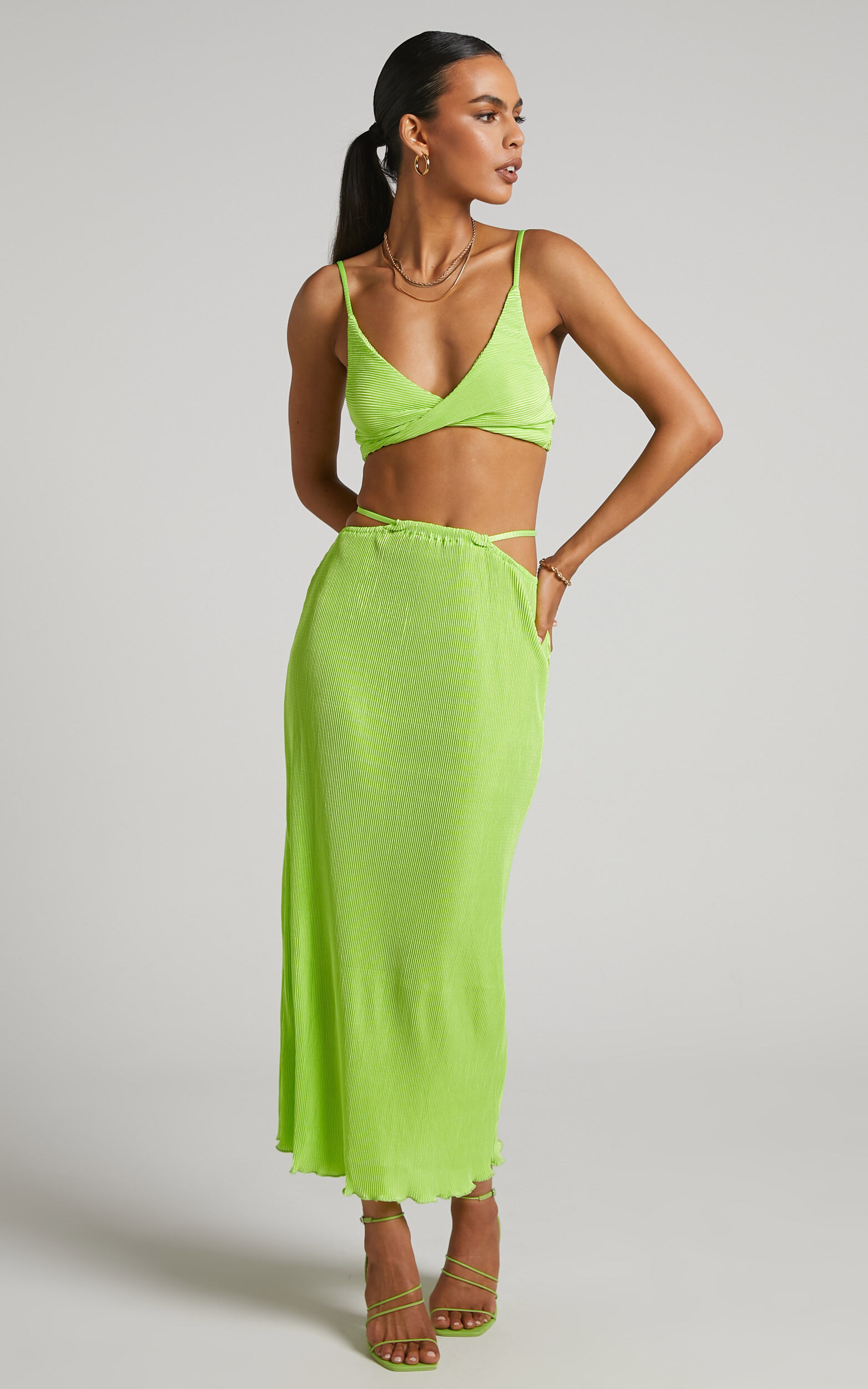 Elowen Two Piece Set - Plisse Twist Front Crop Top and Midi Skirt in Lime - 04, GRN2