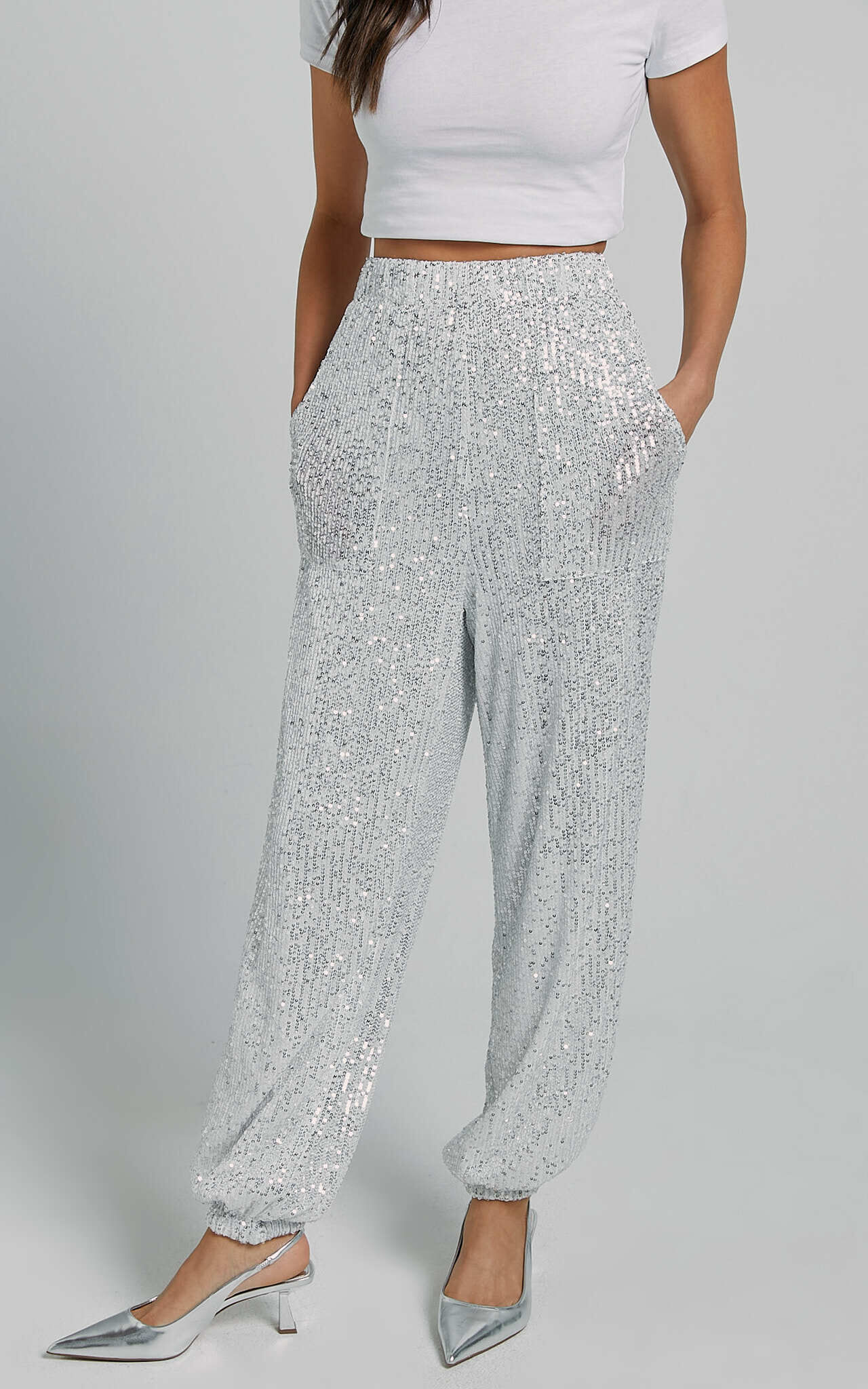Kendrick Pant Elasticated High Waist Sequin Jogger in Silver Showpo EU