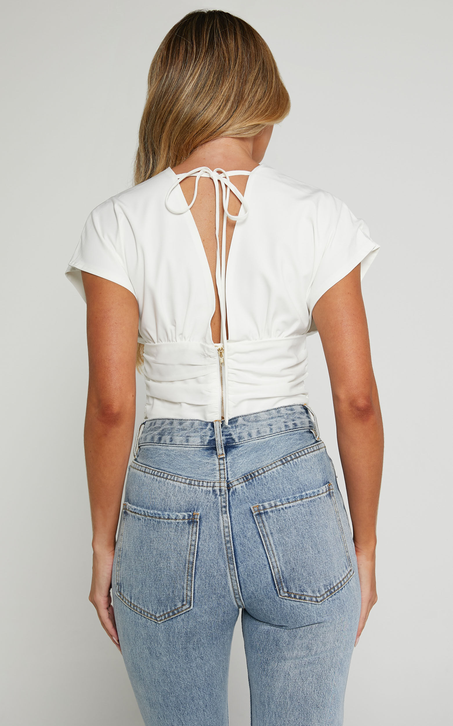 Lunar Top Plunge Neck Short Batwing Sleeve Top in Cream Showpo EU