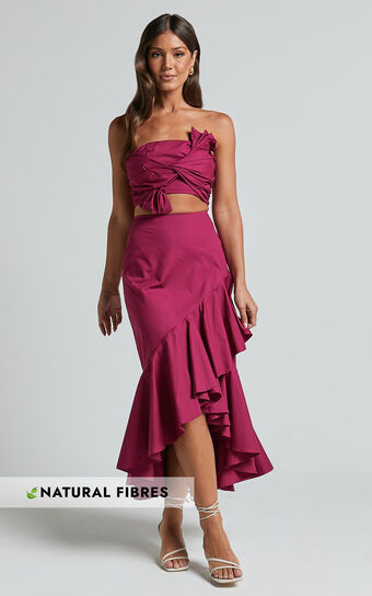 Destiny Two Piece Set - Knot Detail Crop Top and Ruffle Maxi Skirt Set in Plum