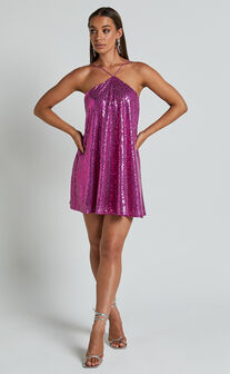 Eritha Mini Dress - Diamond Neck Slip Dress in Hot Pink