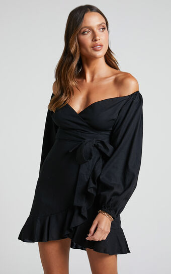 Cant Move On Off Shoulder Mini Linen Blend Dress in Black Linen Look