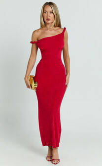 Isabel Midi Dress - Twist Off Shoulder Bodycon Dress in Red