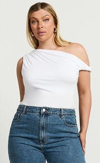 Jialeen Top - Off Shoulder Twist Asymmetrical Sleeve Top in White